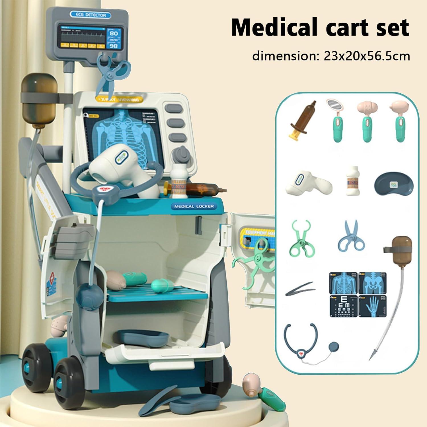 Set Carucior Medical mobil pentru copii cu 15 piese Albastru